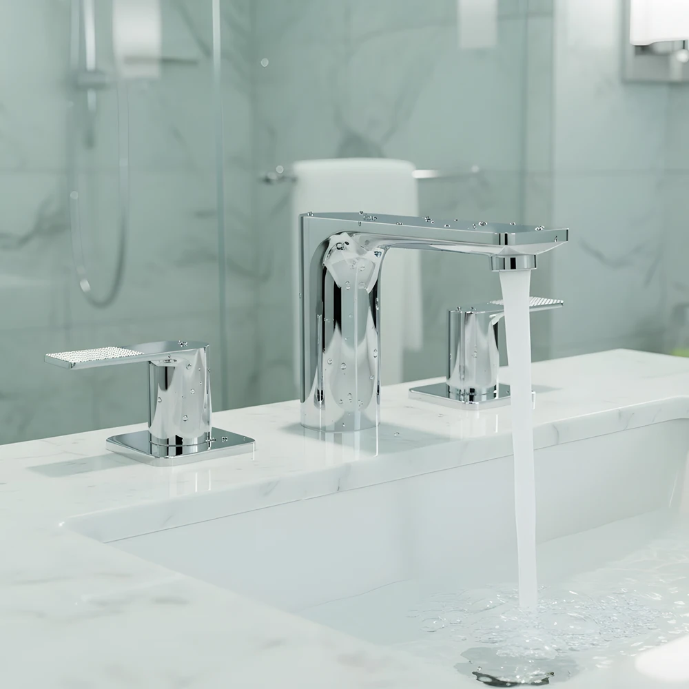 Full Brass Basin Mixer Faucet Dual Handle 3 Hole Hot and Cold Water Tap Perfect for Hotel Bathroom Renovation Project