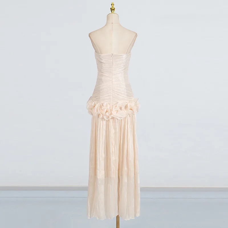 QMANSHA Champagnerfarbenes, plissiertes Chiffon-Abendkleid, trägerloses, gerafftes Oberteil, 3D-Rüschen an der Taille, hoher Schlitz, bodenlanges Abendkleid – Detail 11