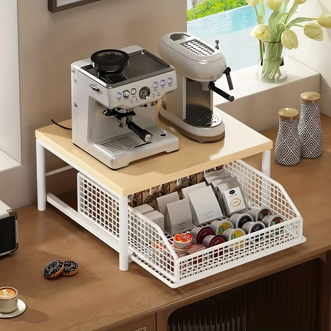 Modern Desktop Storage Rack, Wood & Metal Space Saving Shelf for Office, Pull-Out Mesh Basket Organizer for Coffee Pods, Tea