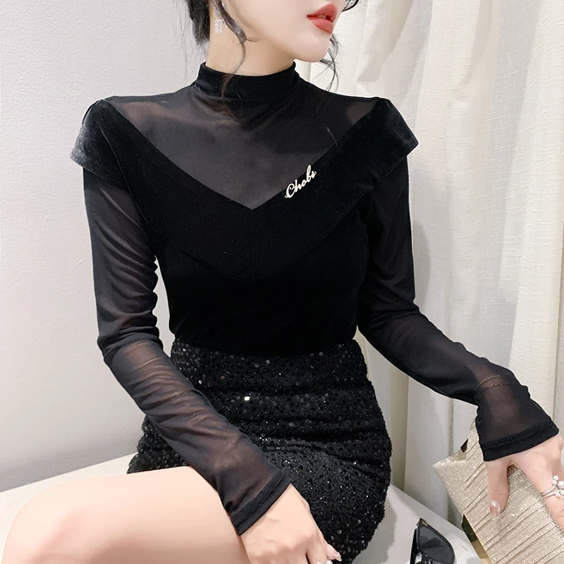 

Black Korean Style Fall Winter T-Shirt Chic Sexy Velvet Patchwork Mesh Women Tops Long Sleeve All Match Slim Tees 2024 New 47182