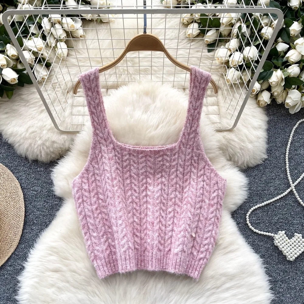 Neploe Korea Knit Sweet Sleeveless Elegant Vests Solid All-match Women Fold Through Sling Fried Slim Fit Western Style Clothing