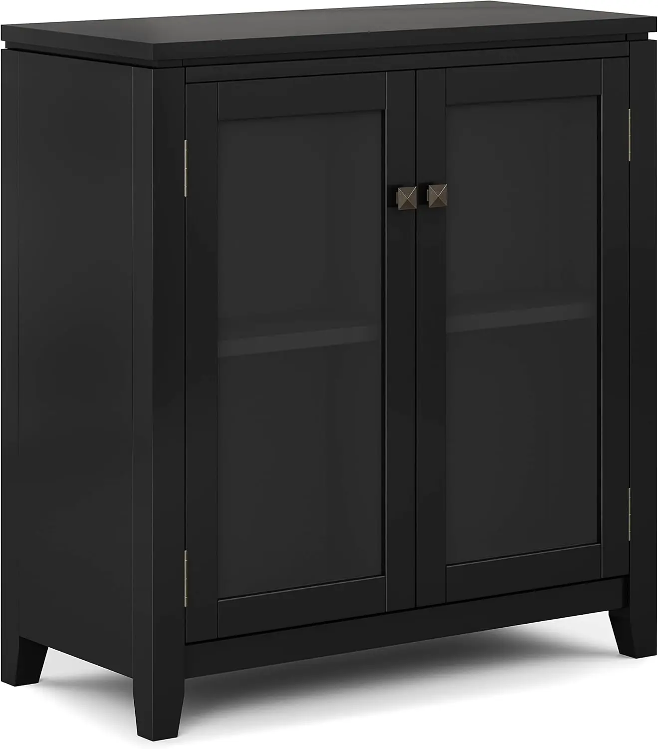 Simplihome Cosmopolitan Solid Wood 30 Inch Wide Contemporary Low Storage Cabinet In Black, With 2 Tempered Glass Doors, 2