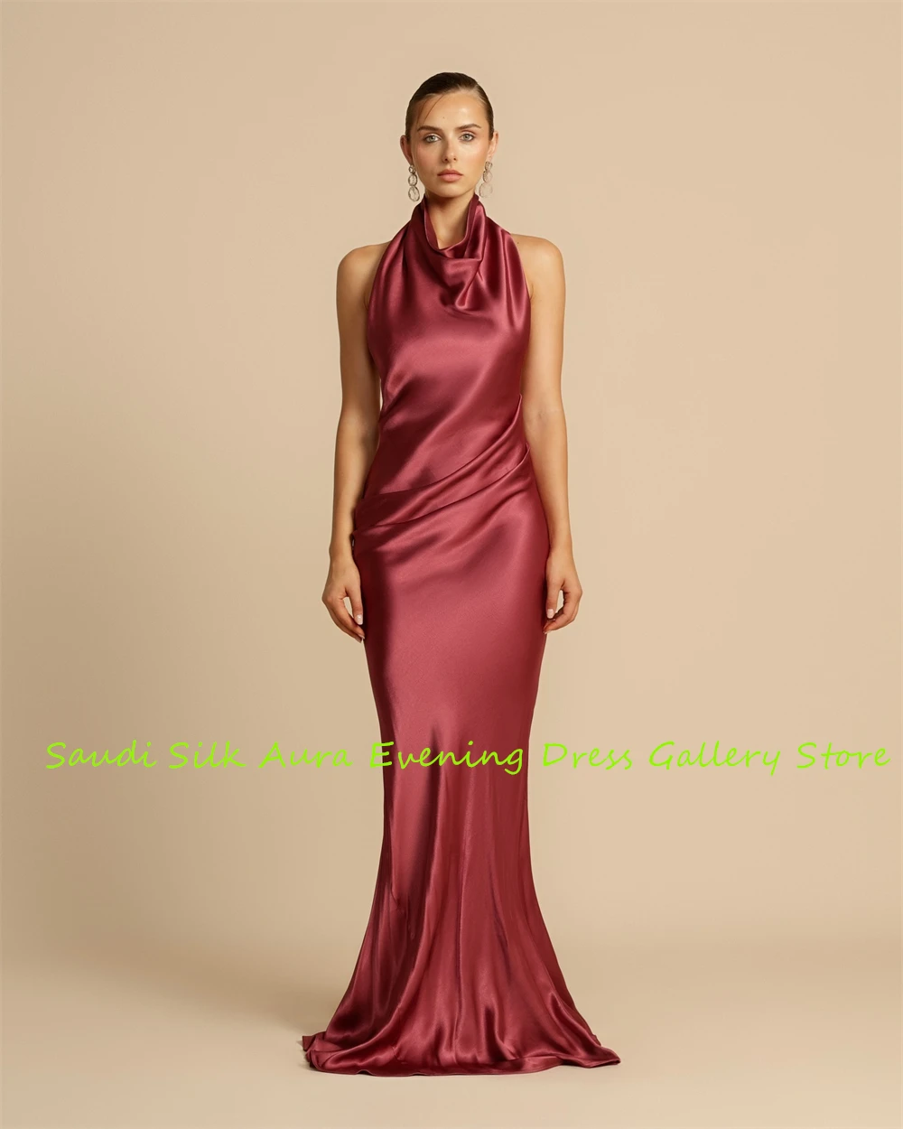 Customized Customized Temperament  Burgundy Satin Evening Dress Mermaid Halter Sleeveless Celebrity Gowns Open Back Exquisite Pa