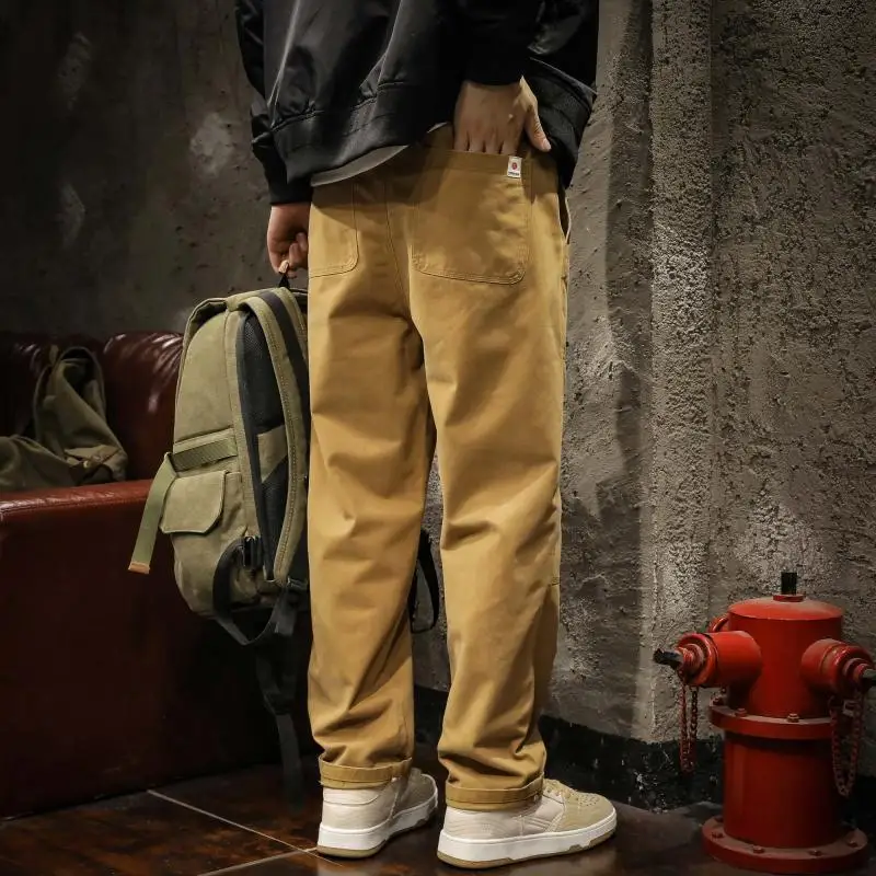 Pantalones Cargo de cintura elástica de algodón de Color sólido para hombre, pantalones casuales con bolsillos, pantalones sueltos que combinan con todo, moda de calle alta, primavera y otoño, nuevo