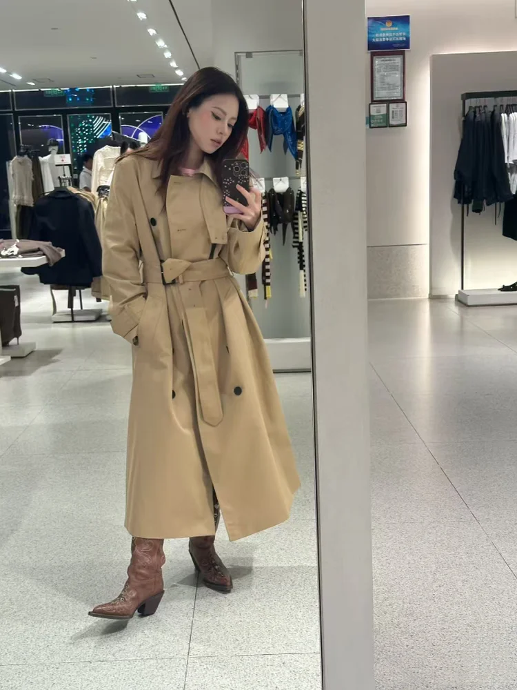 

New 2025 Autumn Commute High-End Loose Double-Breasted Windbreaker Coat Women's Faionable Casual Long Sve Midi Coat