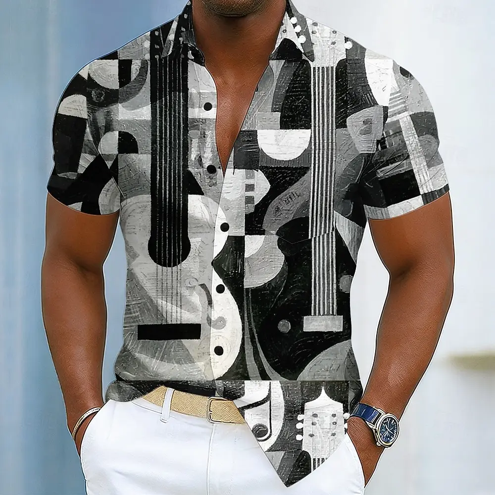 

Men's Black Retro Music Note 3D Print Button Up Shirt, Turndown Collar Tops for Spring Summer Festival Holiday Daily Casual Wear