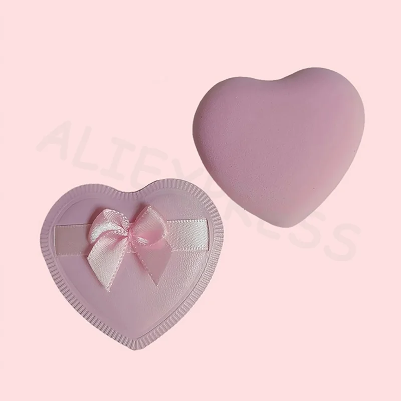 2/5 szt. Gąbeczek do makijażu do stosowania na sucho i na mokro, w kształcie serca z kokardką, gąbki do pudru typu air cushion, imitujące watę cukrową
