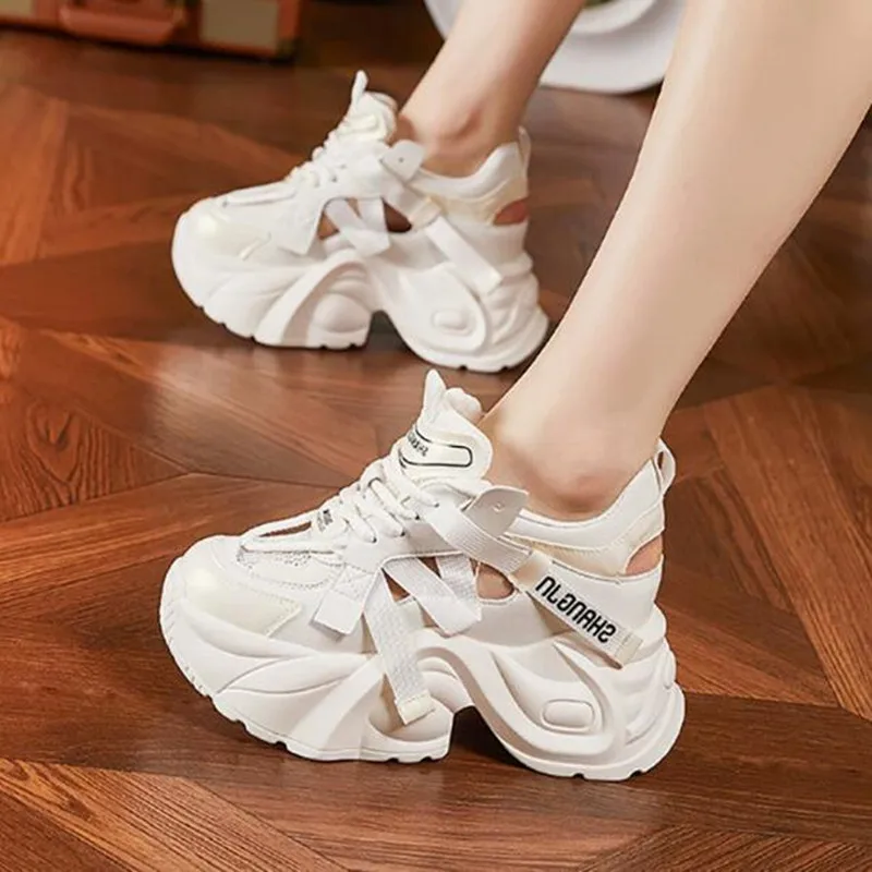 2026 Women Summer Breathable Mesh Chunky Sneakers 9CM High Platform Sports Shoes New Hollow Microfiber Leather Casual Dad Shoes
