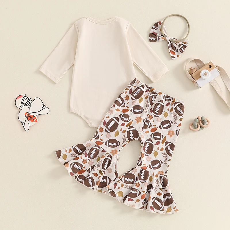 Baby Girls Fall Outfits Rugby Print Long Sleeves Romper and Elastic Flared Pants Headband Set 3 Piece Clothes