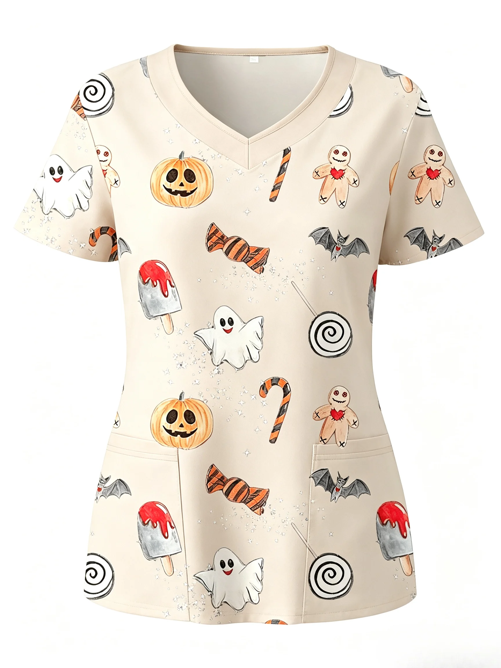Damen-Scrub-Oberteil mit gruseligem Halloween-Design, Süßigkeiten-Geister-Kürbis-Print, V-Ausschnitt, kurze Ärmel, Taschen, Krankenschwesteruniform für medizinisches Personal – Detail 7
