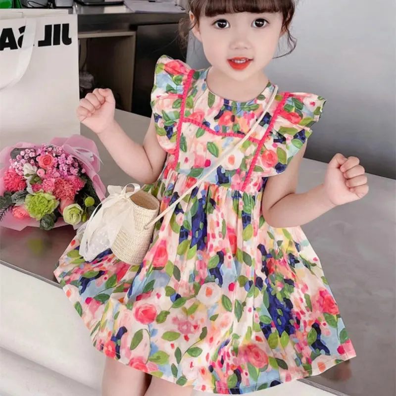 Girls' Floral Flutter Sleeve Dress Princess Dress25Summer New Foreign Trade Children's Wear Delivery3-8Years Old
