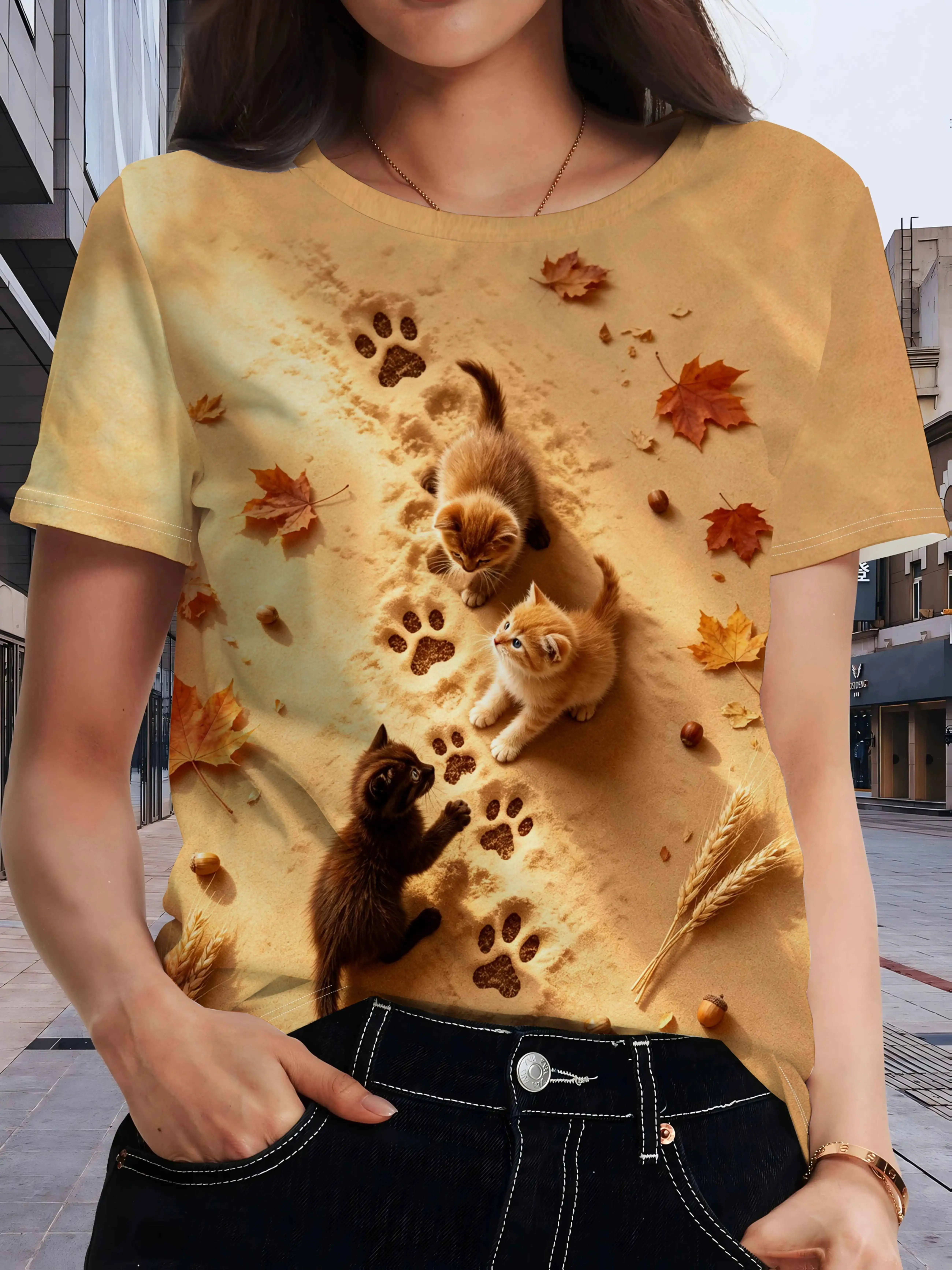 Women T‑shirt Short Sleeve Lovely Kitten Graphic Round Neck Loose Fit Autumn Daily Outfit Fashion Women's Tee Top Street Clothes