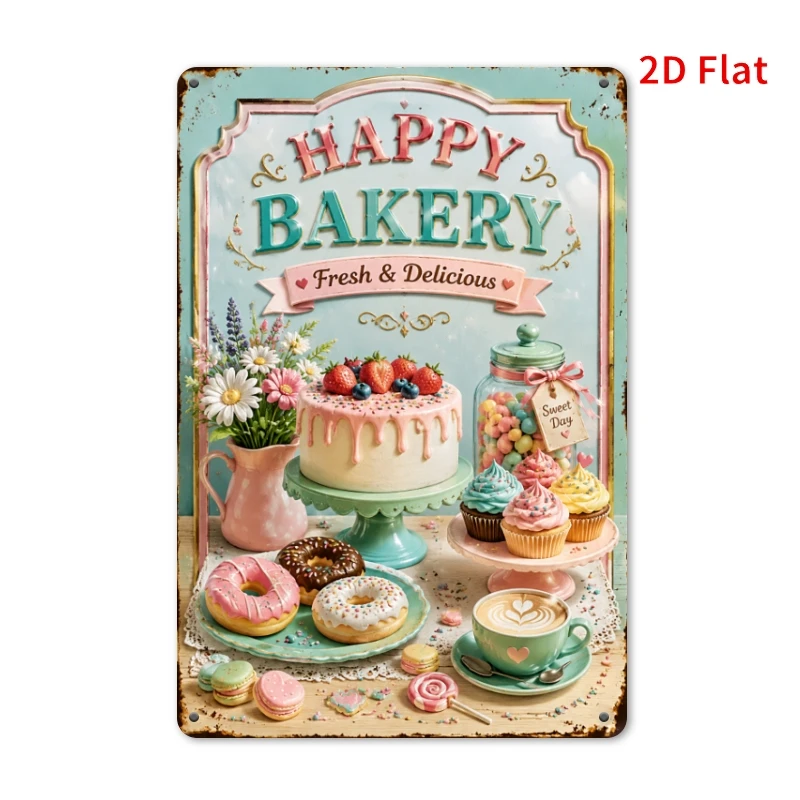 2D Flat - [2Dflat], 1pc 11.81X7.87inch Happy Bakery Sign, Retro Pastry Shop Decorative Sign, Colorful Wall Art for Kitchen, Cafe