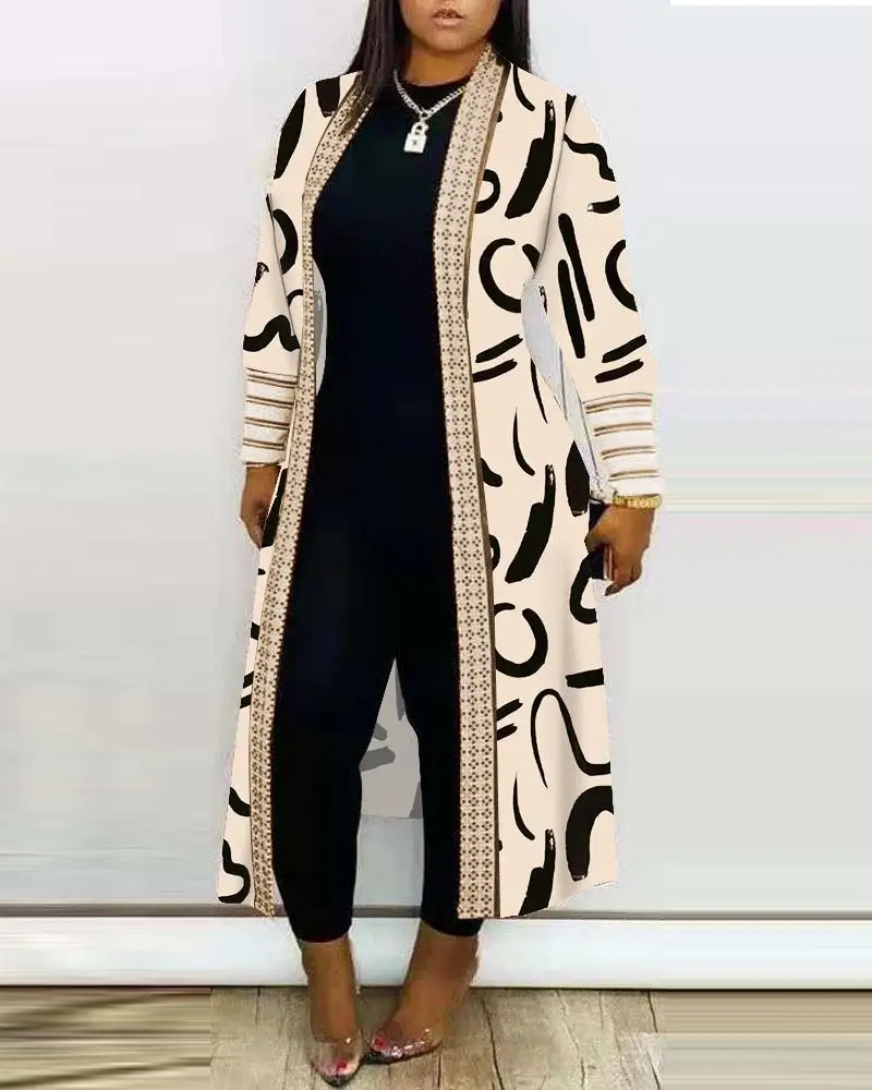 

Autumn Winter Casual Printed Long Cardigan Trench Women Fashion Loose Fit Open Cardigan Elastic Street Wear Coat Women