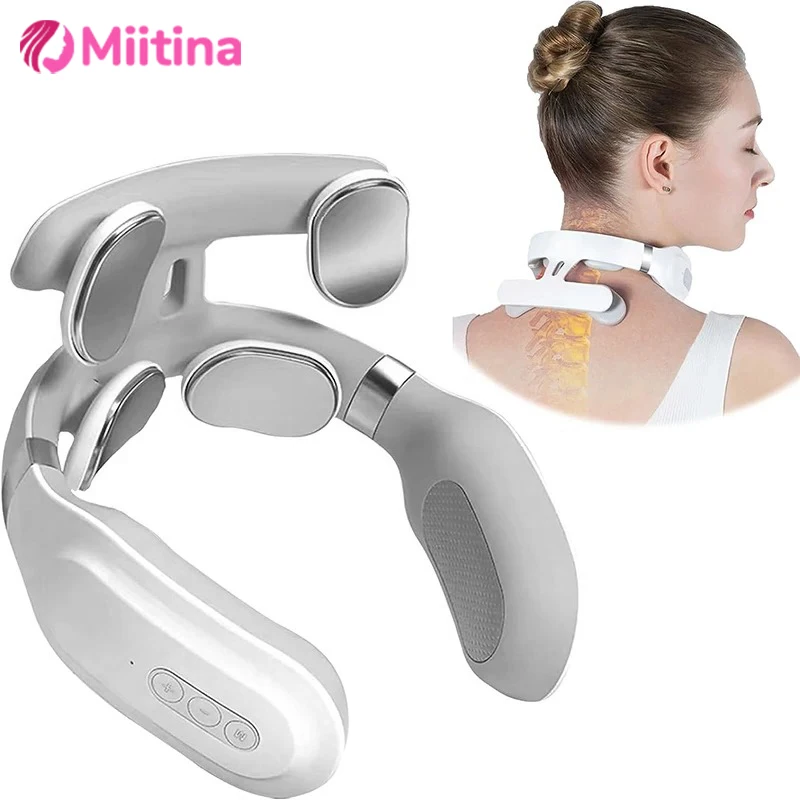 Electric Neck Massage Machine Kneading 4 Head TENS Magnetic Pulse Heat Cervical Vertebra Relax Pain Relief Massage Health Care