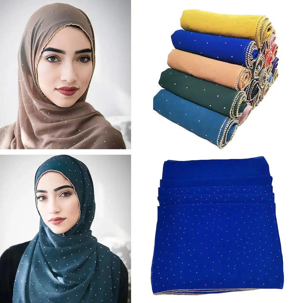 

1Pc Diamond Studded Chain Decoration Headscarf Monochrome Ramadan Scarf Skin-friendly Soft Daily Outing Pearl Chiffon Shawl M5E6