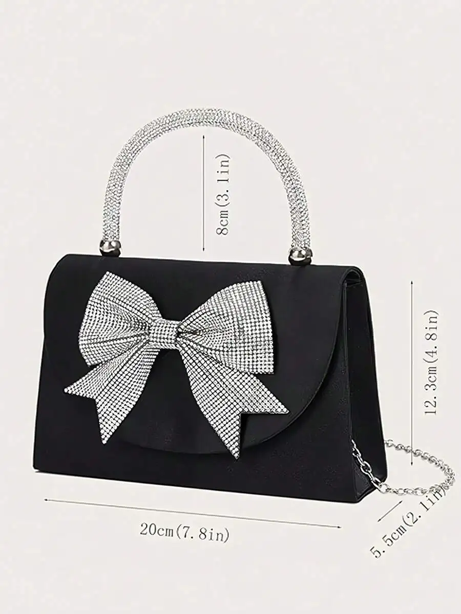 Elegant Black Satin Clutch With Sparkling Rhinestone Bow And Crystal Handle, Perfect For Evening Wedding Prom Or Holiday Events