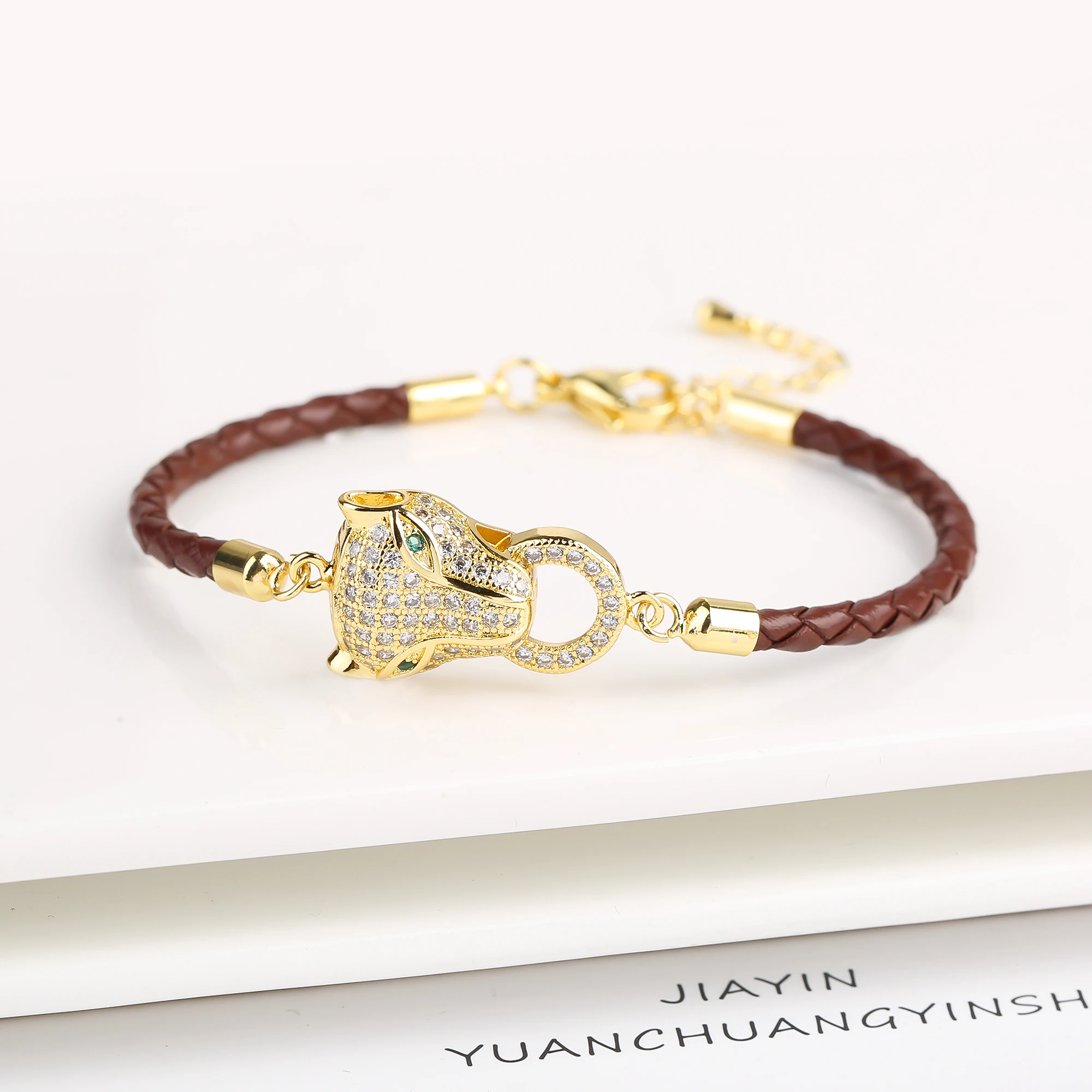 Adjustable Leather Rope Braided Zirconia Animal Leopard Head Bully Bracelet Fashion for Man Woman Party Jewelry Gift Daily Wear