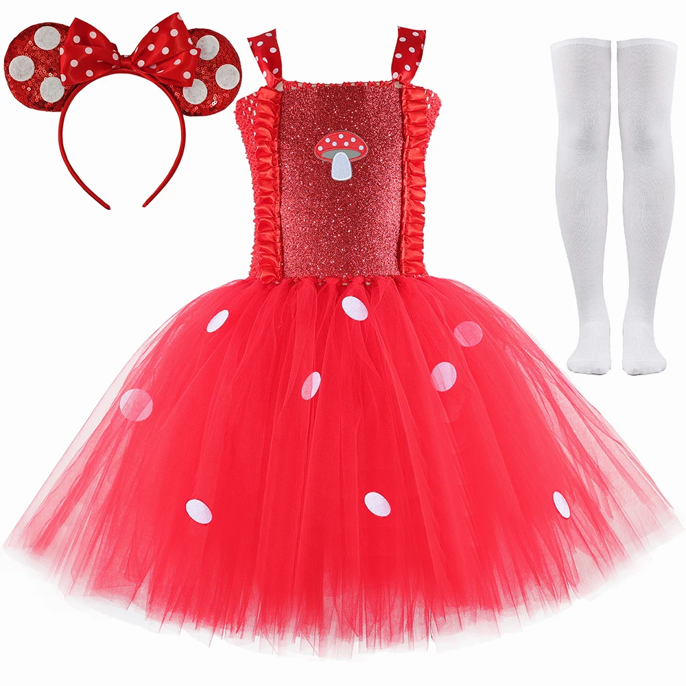 Mushroom Fairy Costume Kids Red Polka Dot Tutu Dress Fairy Tale Forest Toddler Girls Halloween Christmas Party Dress Up Clothes