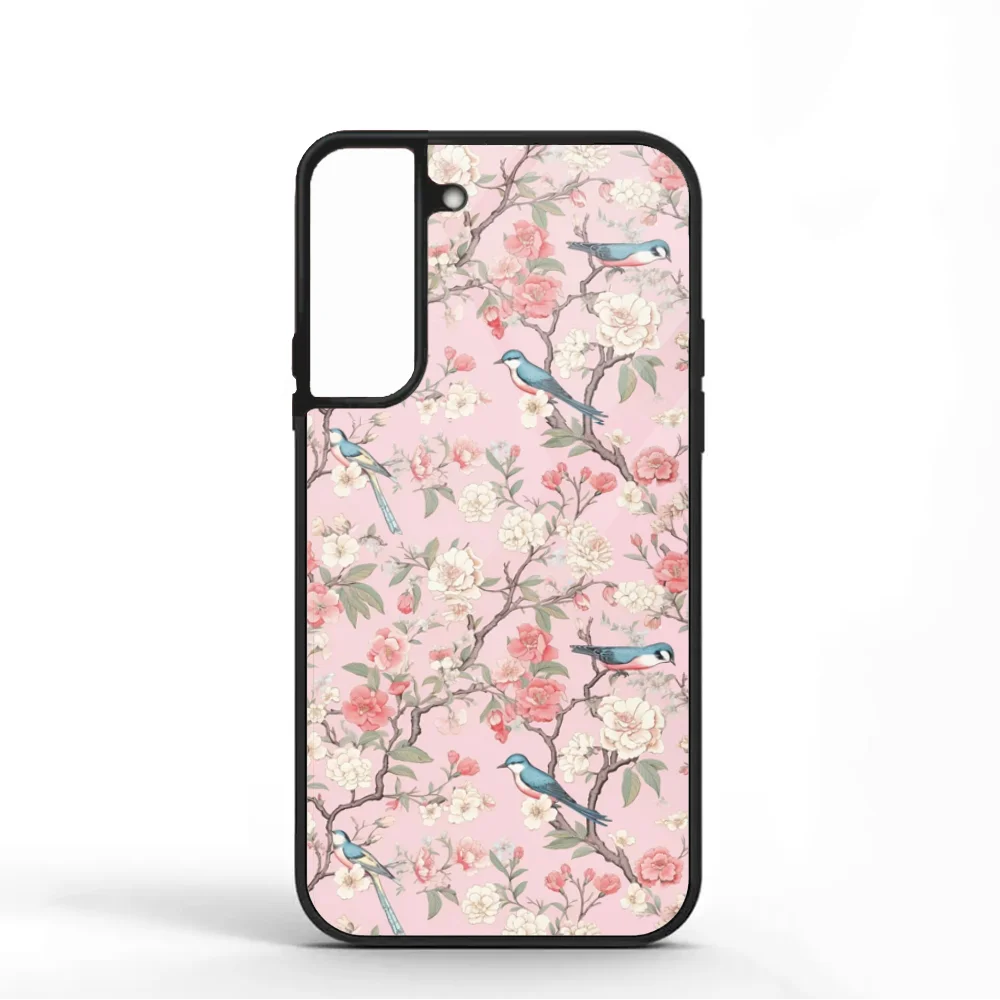 Pink Chinoiserie Birds Phone Case For Samsung S10 S20 S21 S22 S24 S30 Plus ULTRA Mirror Acrylic Cover