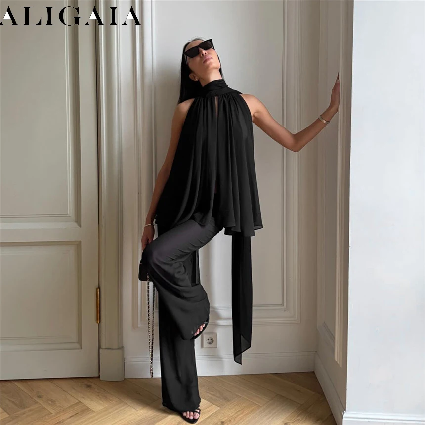 Women Black Chiffon Halter Two Piece Set 2026 Sleeveless Nest&High Waist Wide Leg Pants Elegant Vacation Outfits for Club Party