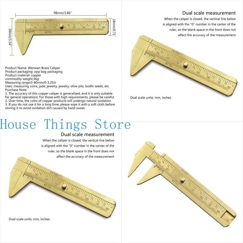 

652F Portable Vernier Caliper Mini Retro Brass Sliding Gauge Sliding Ruler Measuring Tool with Double Scales 80mm