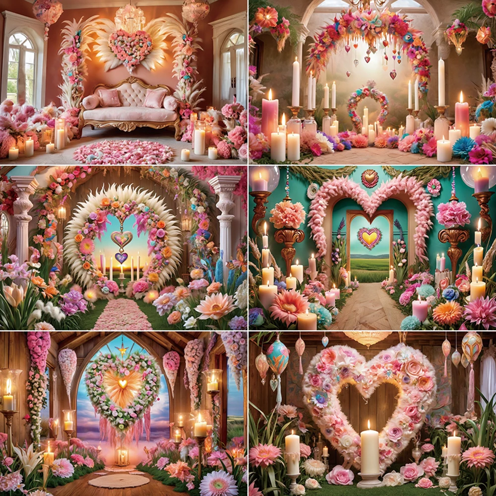 

MOON.QG February 14 Valentines Backdrop Photography Pink Rose Heart Flower Party Photozone Background Women Birthday Decorations