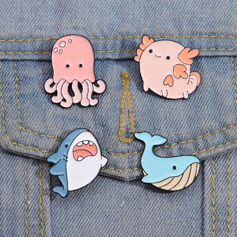 Ocean Animals Enamel Pins Custom Whale Shark Otter Pufferfish Axolotl Sea Lion Brooch Lapel Badges Jewelry Gift for Kids Friends