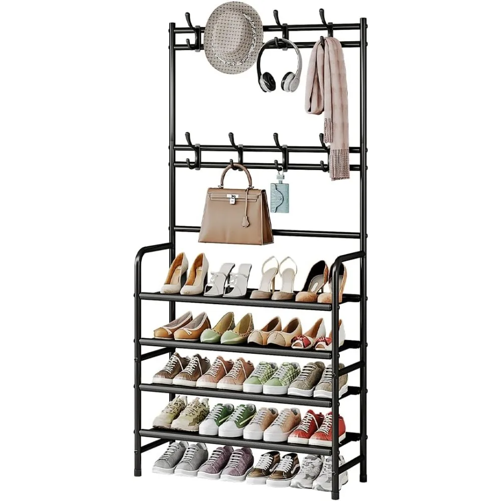 

Freestanding Coat and Shoe Rack with Storage Shelf and Eight Hooks for Entryway Bedroom Closet Four Tier Black