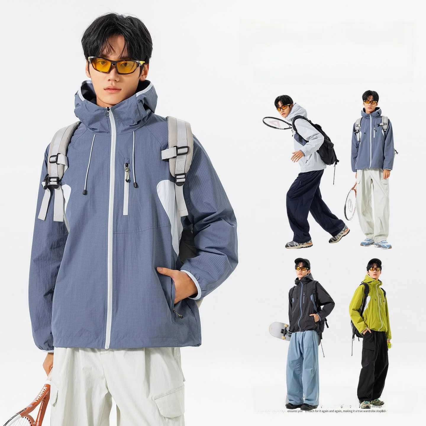 

2026 New Men's Loose Fit Hooded Jacket Outdoor Breathable Lightweight Waterproof Workwear Fashion Brand Patchwork Coat