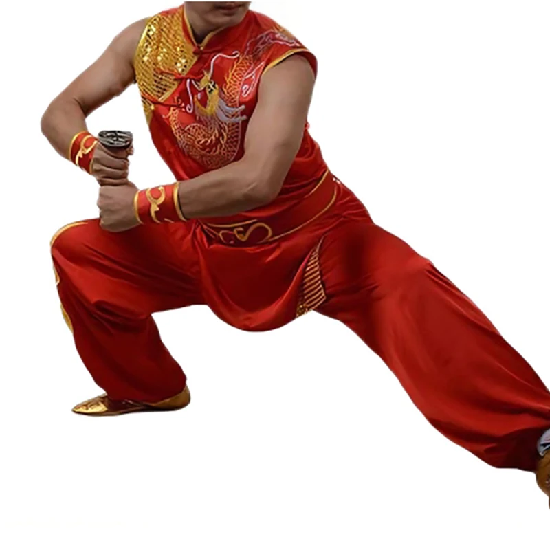 USHINChinese Kung Fu Uniform with Gold Dragon Embroidery Sleeveless Martial Arts Suit for Tai Chi & Competition Breathable Wushu