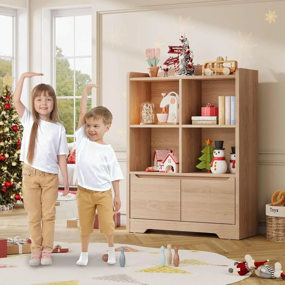 رف كتب للأطفال ومنظم ألعاب، رف كتب للأطفال من طبقتين لغرف الأطفال مع بابين، منظم تخزين 4 مكعبات، بوو خشبي للأطفال