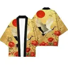 Fashion Red Sun Crane Print Haori Kimono Cardigan Japanese Ukiyo-e Half Sleeve Coat Street Harajuku Style Unisex Clothing Tops