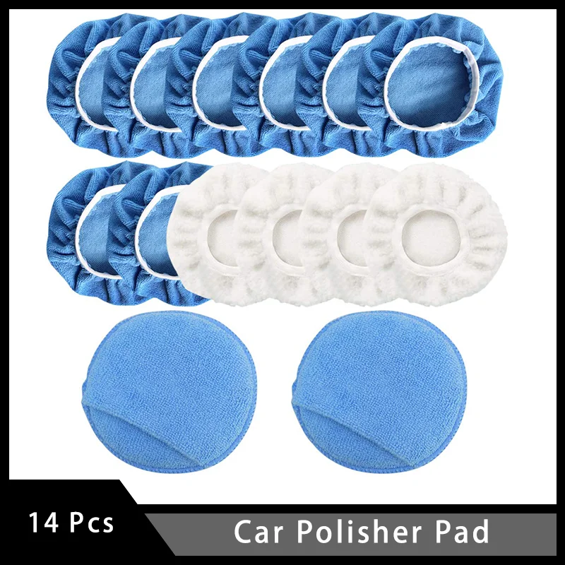 

14 Pcs ar Polisher Pad Applicator Pad Microfiber Polishing Bonnet and Waxing Pad with Finger Pocket Blue White for Polishing Car