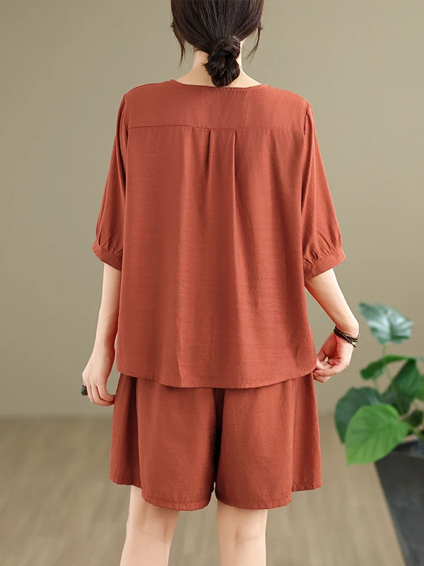 Conjunto de Roupas Fenas Plus Size de Verão Moda Solta com Bordado Top de Decote em V orts Casuais Conjunto de Duas Peç...