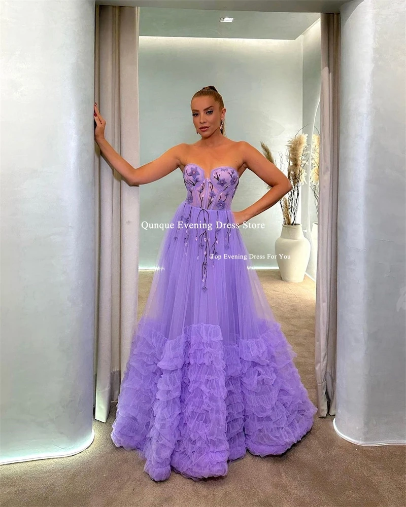 Qunque Sweetheart A-Line Prom Dresses Robes De Soirée Lace Appliques Frill-Layered Tulle Party Gowns Customized Evening Dresses