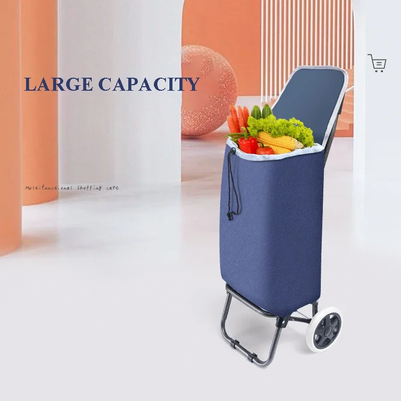 Oxford Cloth Portable Folding Shopping Cart with Wheels Waterproof Fabric Storage Bag Small Trolley Home Use Grocery Pull Dolly