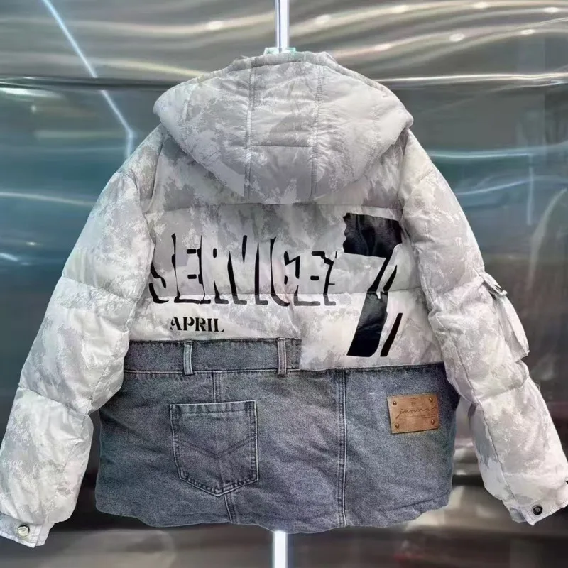 ANJY 2025 شتاء جديد المرأة موضة الشارع الشهير الدنيم المرقعة مقنعين أسفل سترة الاتجاه عادية شيك Ins المد معطف مبطّن A15003