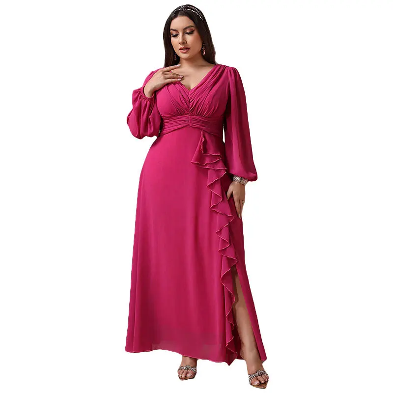 KYP455 Large Size Faionable V-Ne Chiffon Dr Evening Gown Long Sve A-Line Skirt Pure Color PU Material Winter Colle...