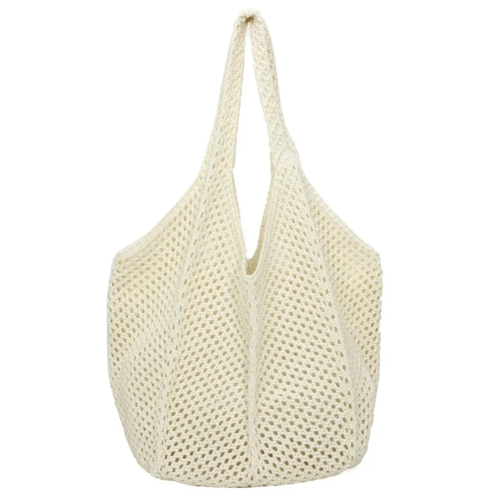 

Solid Color Women Knitting Shoulder Bag Large Capacity Soft Crochet Mesh Tote Hollow Out Convenient Casual Woven Handbag Summer