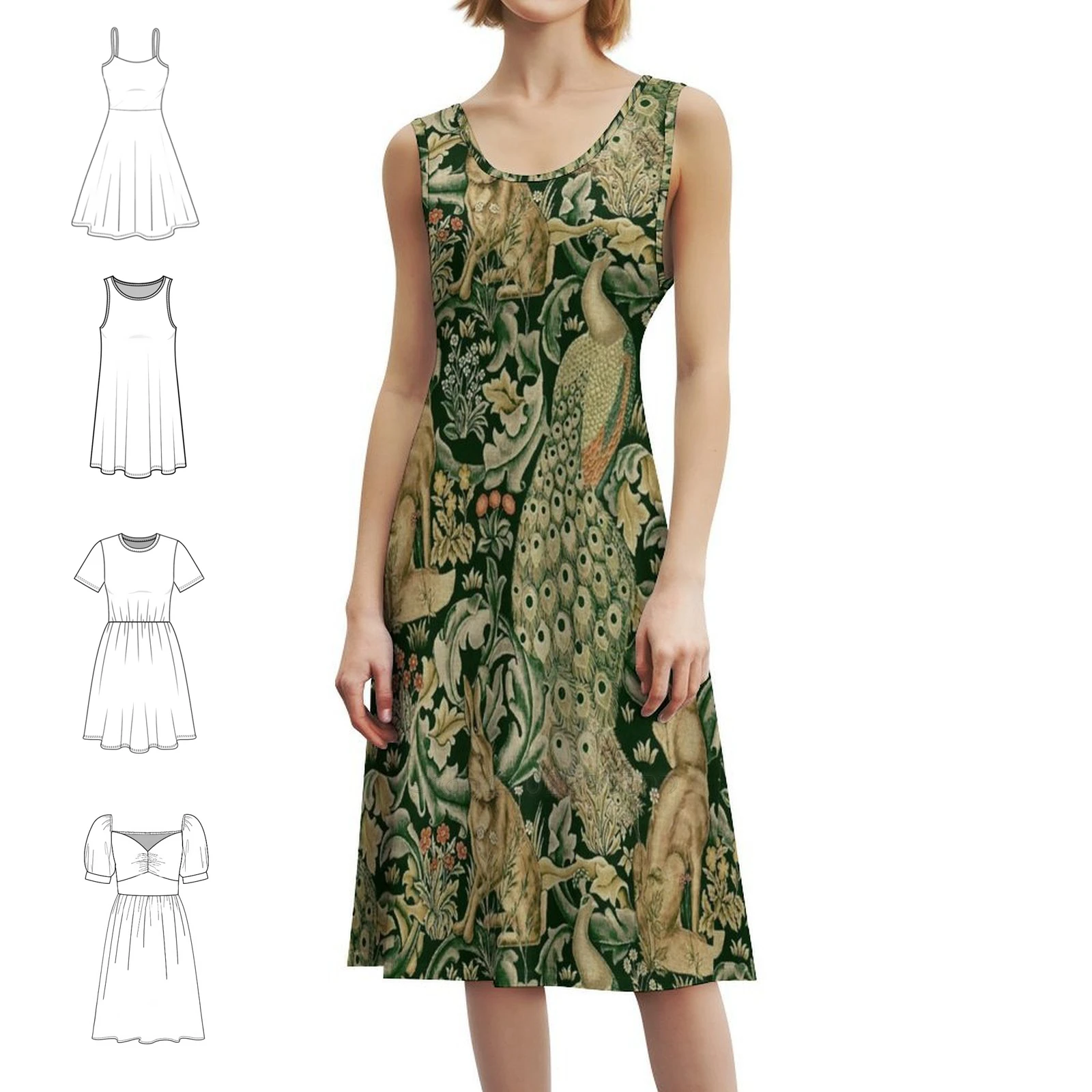 حيوانات الغابة الخضراء الطاووس الثعلب والأرنب باللون الأخضر فستان سموك للنساء لربيع وصيف فستان كاجوال للحفلات الحيوانية #1