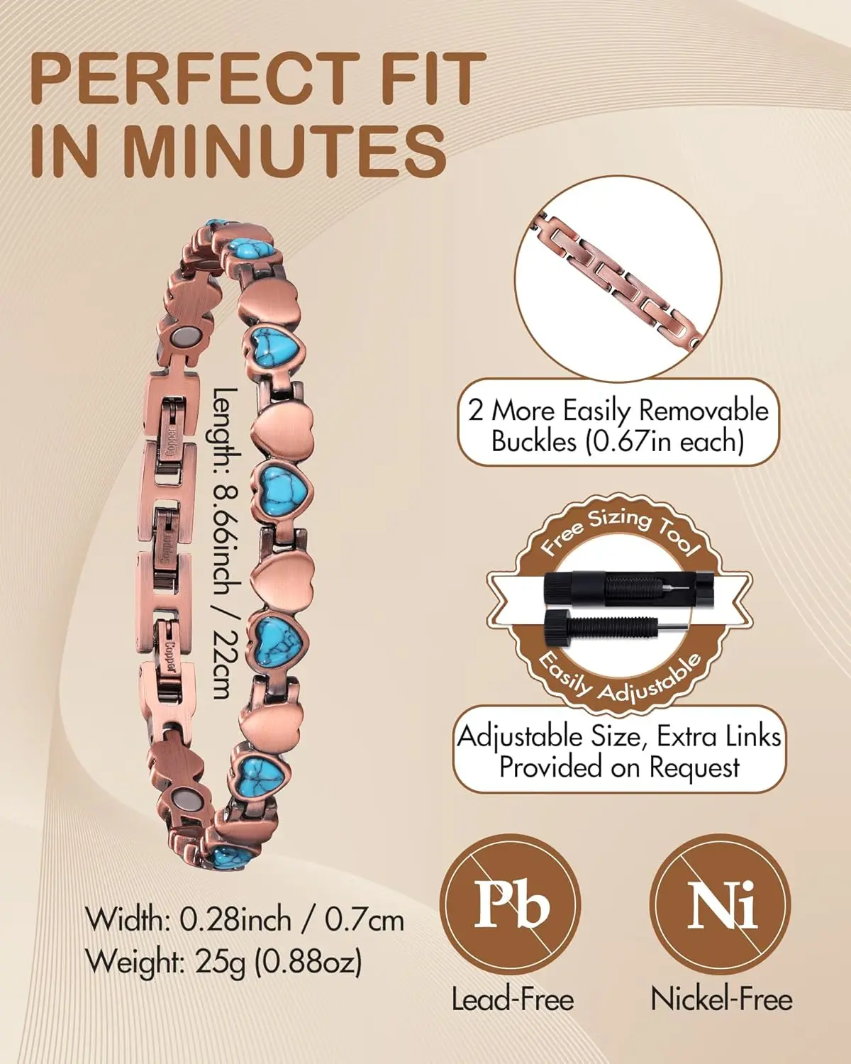ARADOO Pure Copper Bracelet Inlaid Turquoise Magnetic Therapy Bracelets