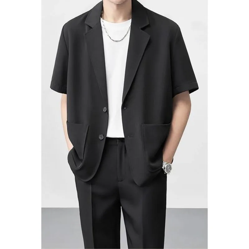 Business Casual 2024 Summer New Men's Solid Color Short Sleeve Notched Button Patchwork Pockets Classic Loose Blazer Pants Sets