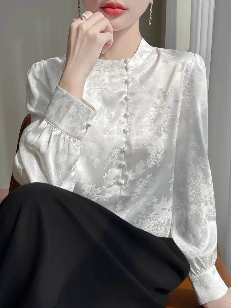 Spring 2025 New Sle Chinese National Faion Satin Print irt Long Sve Versatile Faionable Button up High End Feeling