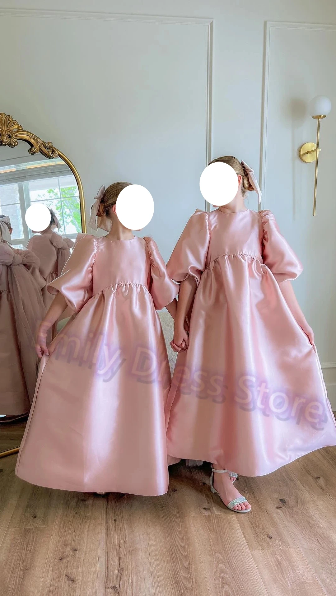 

Customized Pink Flower Girl Dress For Wedding Puffy Satin With Big Bow Kids Birthday Party Princess Ball Gowns Pageant Dress