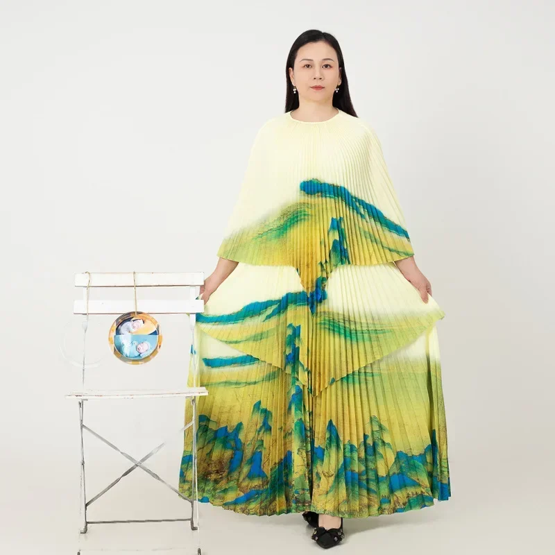 Miyake Pleated Women\'s Clothing 2024 New Printing Irregular Large Size 2 piece sets womens outfits top and skirt