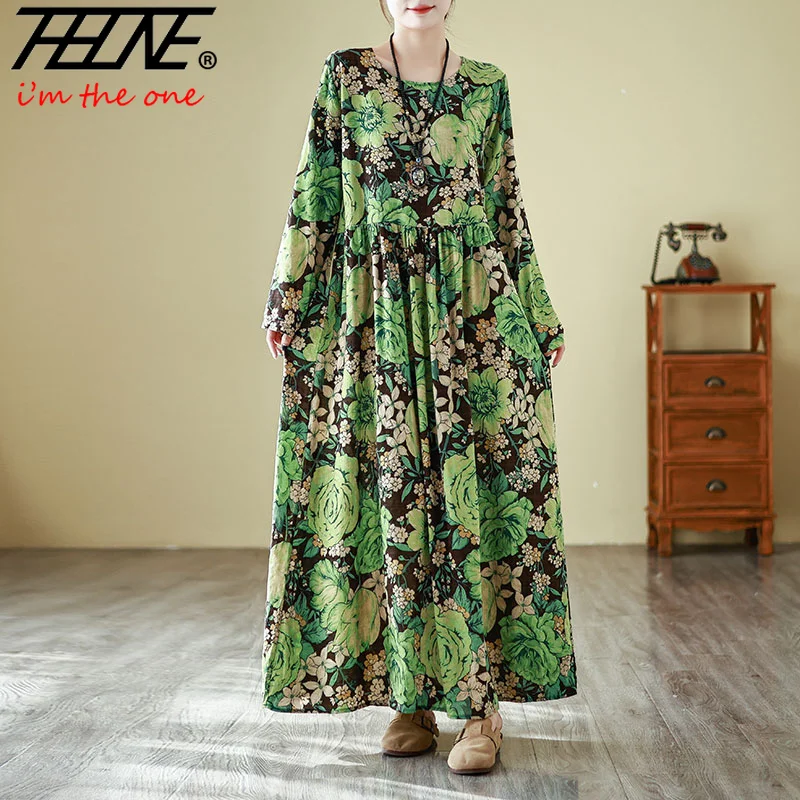 THHONE فساتين الربيع للنساء رداء طباعة عطلة الشاطئ فضفاضة س الرقبة خمر كم طويل فستان كاجوال الملابس Vestido Feminino