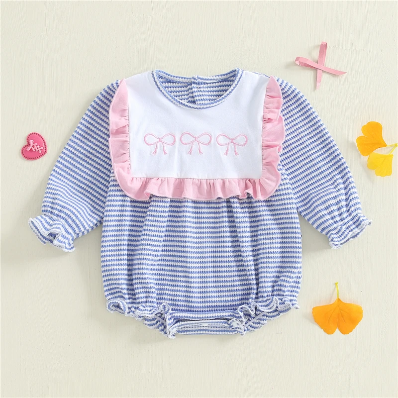 

Комбинезон с длинными рукавами для маленьких девочек, свободный крой, с рюшами и бантом, вышитый полосатый комбинезон с круглым вырезом для новорожденных, осенняя одежда