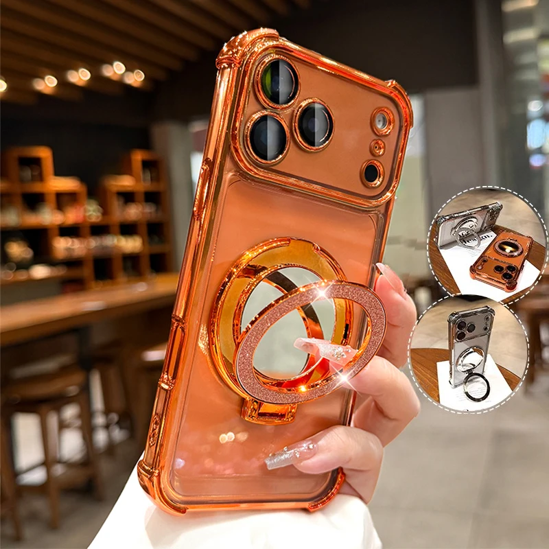Für iPhone 17 Pro Max Luxus Überzug Spiegel Ständer Halter Magnetische Klare Telefon Fall Für iPhone 11 12 13 14 15 16 Plus Air Abdeckung