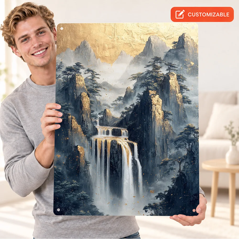 Golden Waterfall Landscape Textured Metal Poster Bold Design Cabin Wall Art Personalized Aluminum Sign Outdoor Enthusiast Gift
